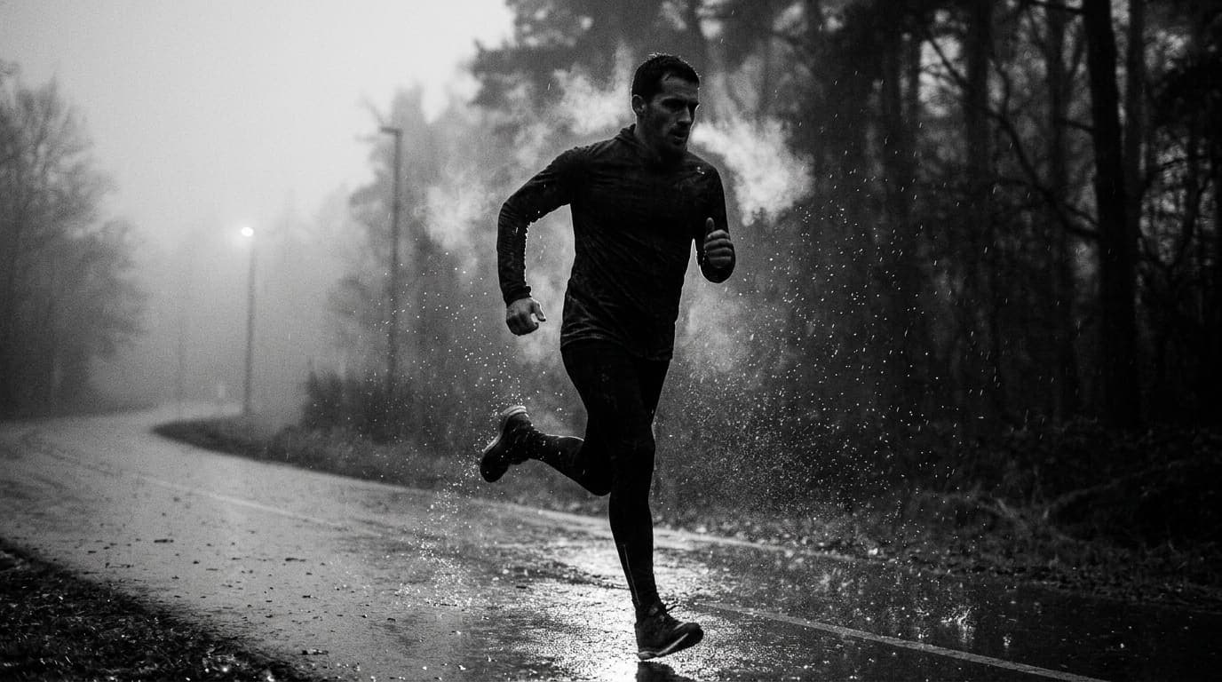 Athlete running in rain